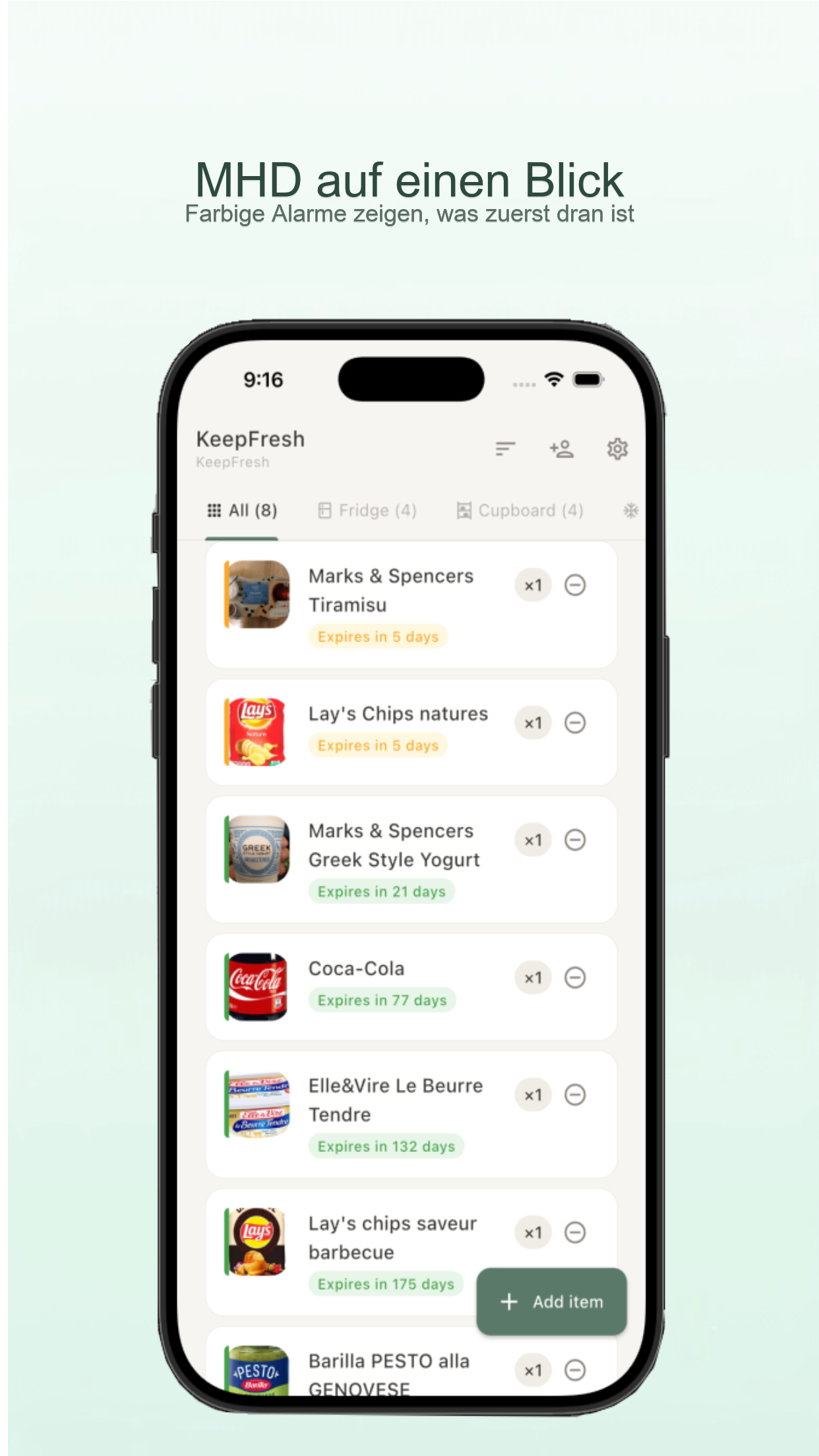 KeepFresh App-Bildschirm mit Lebensmittelliste und MHD-Status