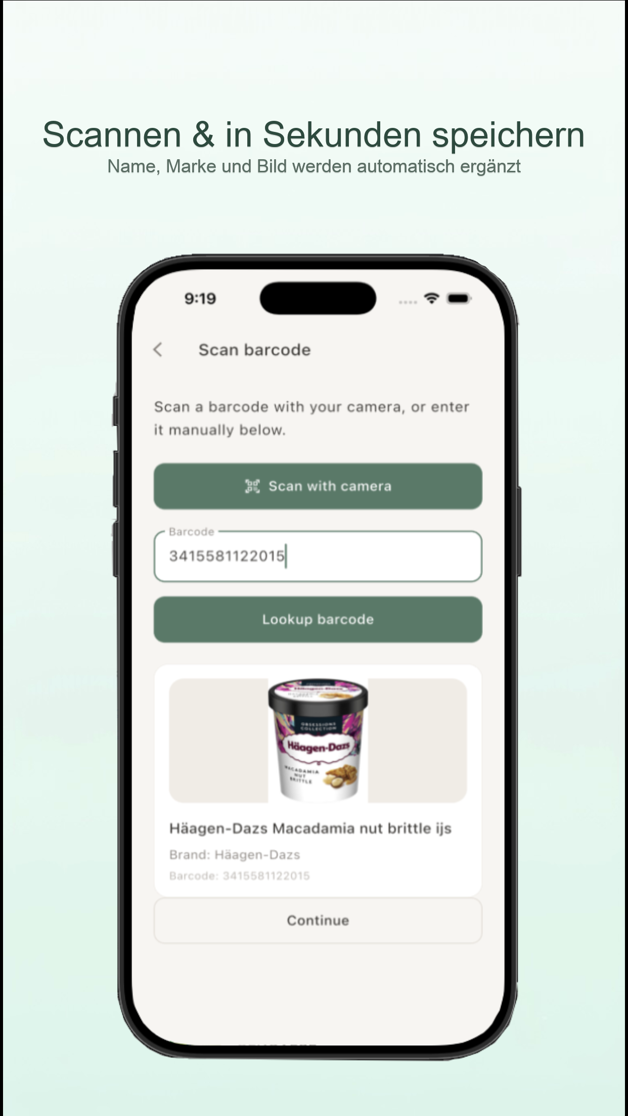 KeepFresh App-Bildschirm mit Barcode-Scan zum Hinzufügen eines Lebensmittels