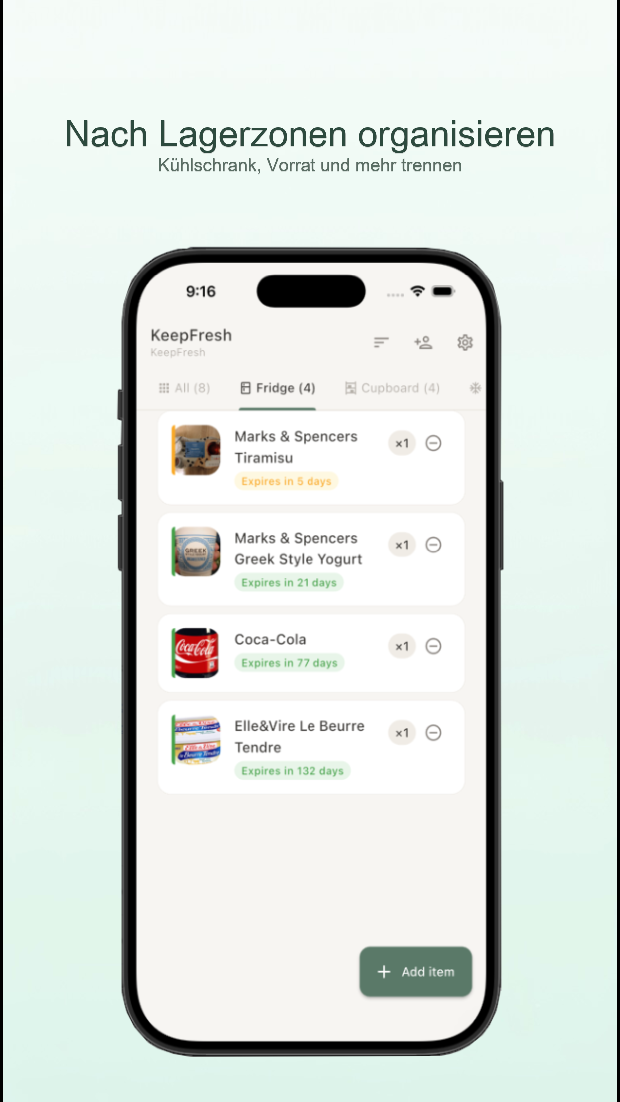 KeepFresh App-Bildschirm mit geteiltem Haushaltsbestand