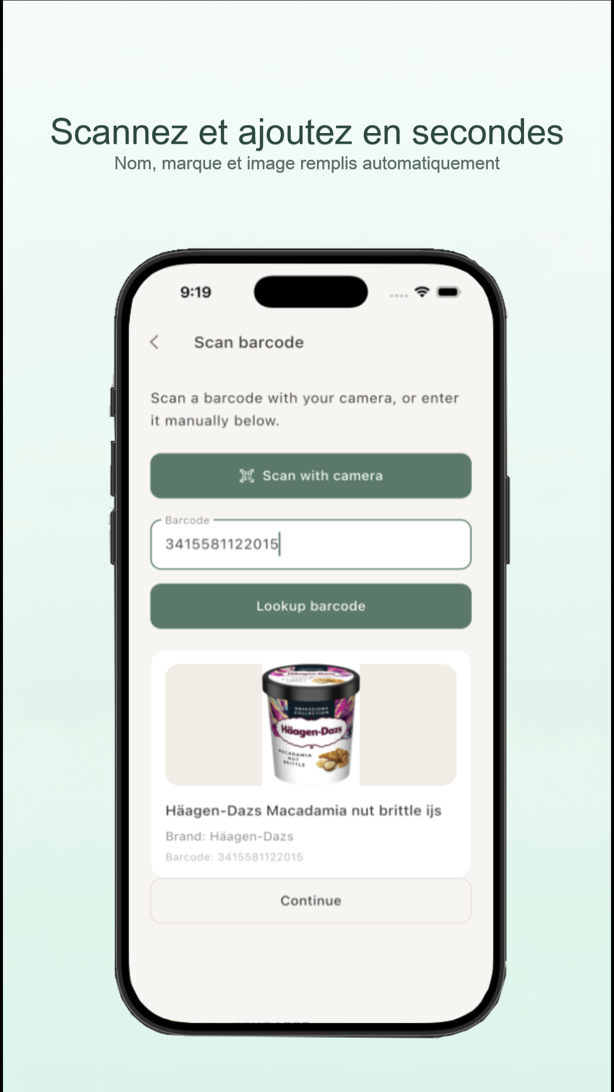 Écran de l'application KeepFresh montrant le scan d'un code-barres pour ajouter un produit