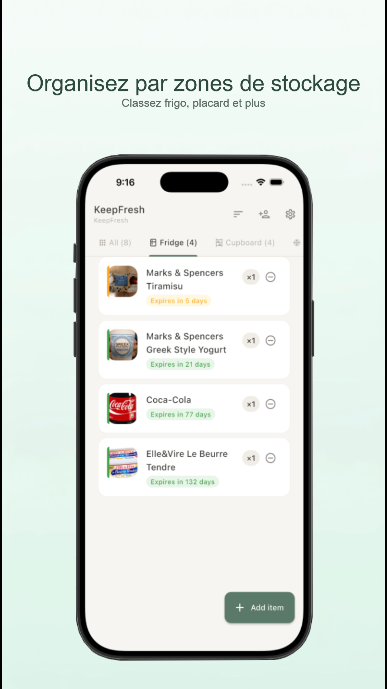 Écran de l'application KeepFresh montrant un inventaire familial partagé
