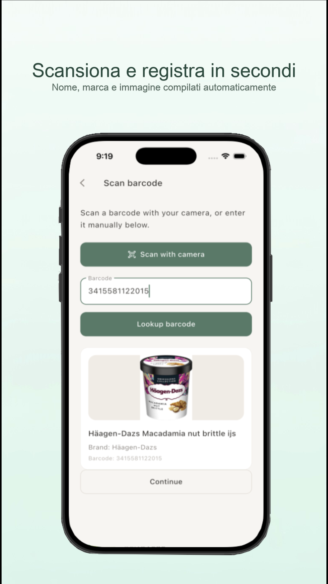 Schermata dell'app KeepFresh con la scansione del codice a barre per aggiungere un prodotto