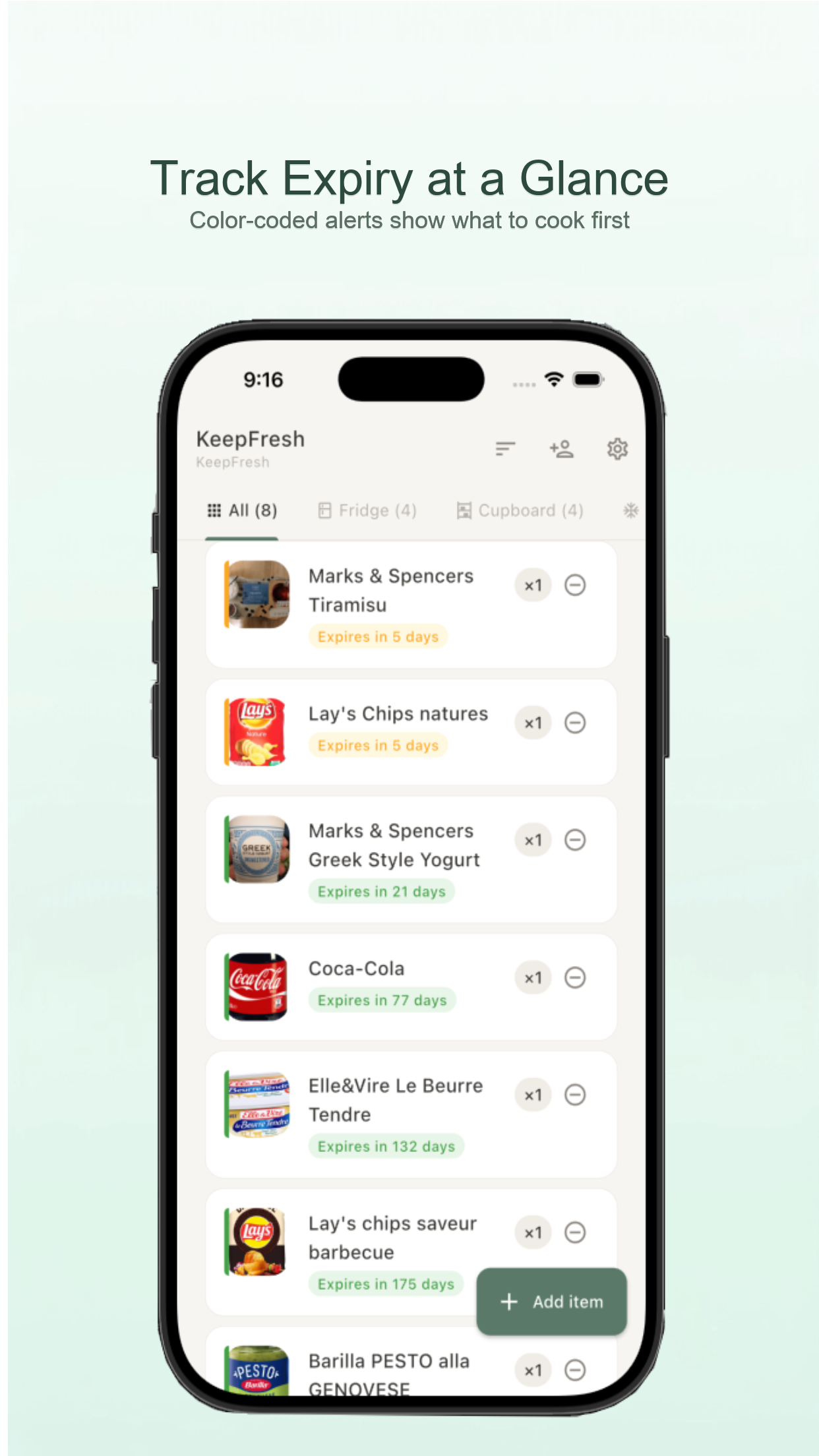 KeepFresh app screen showing a food inventory list with expiry status