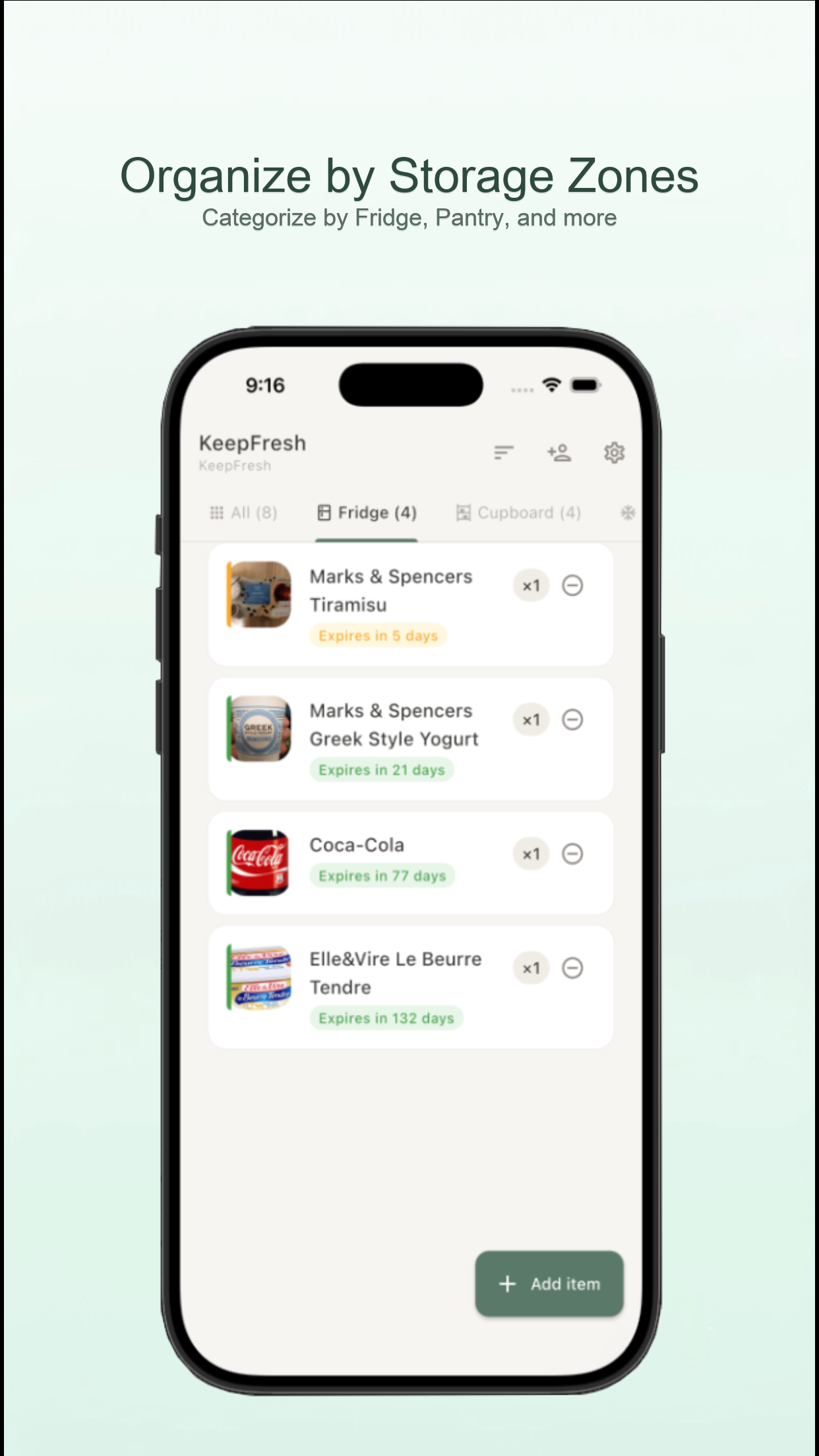 KeepFresh app screen showing shared family inventory sync