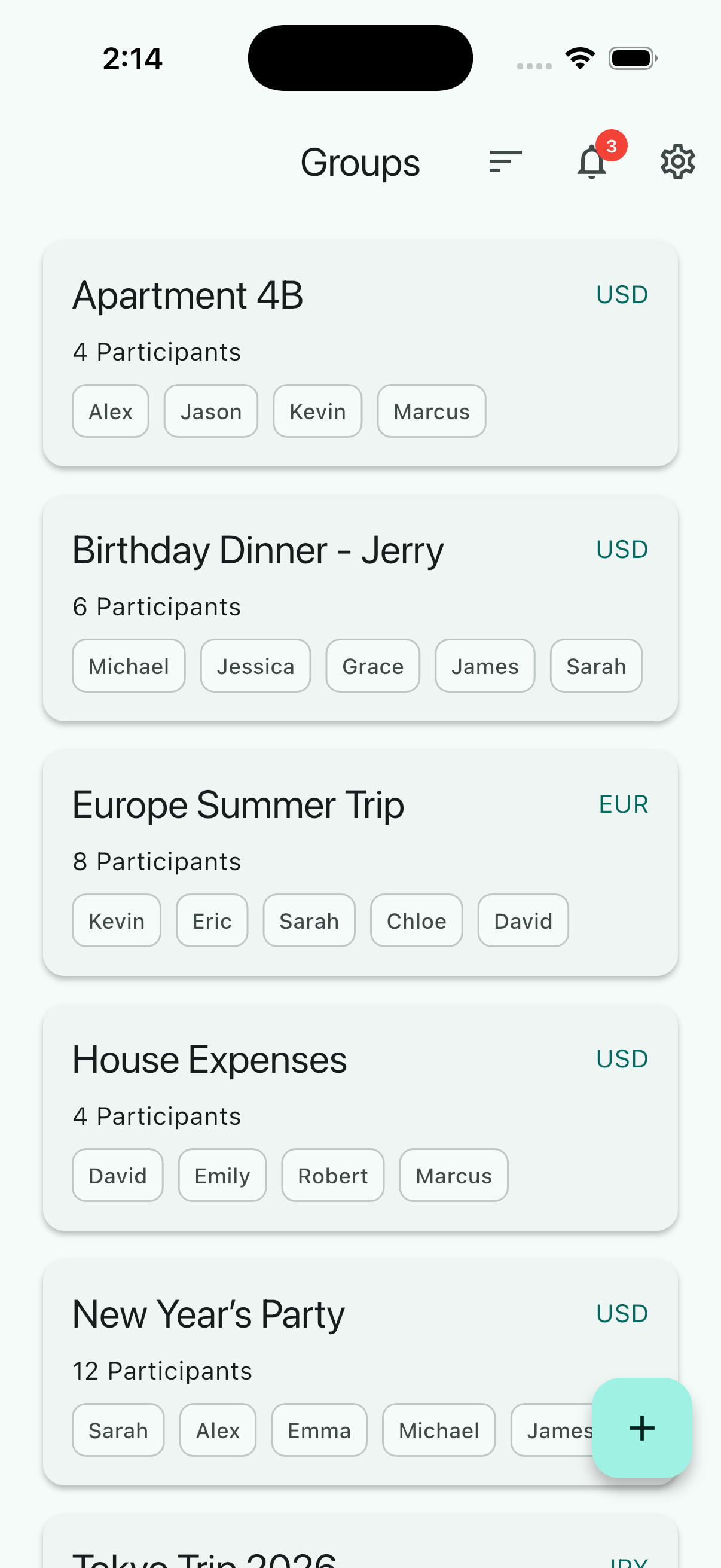 Splitways app screen showing a shared expense overview between roommates