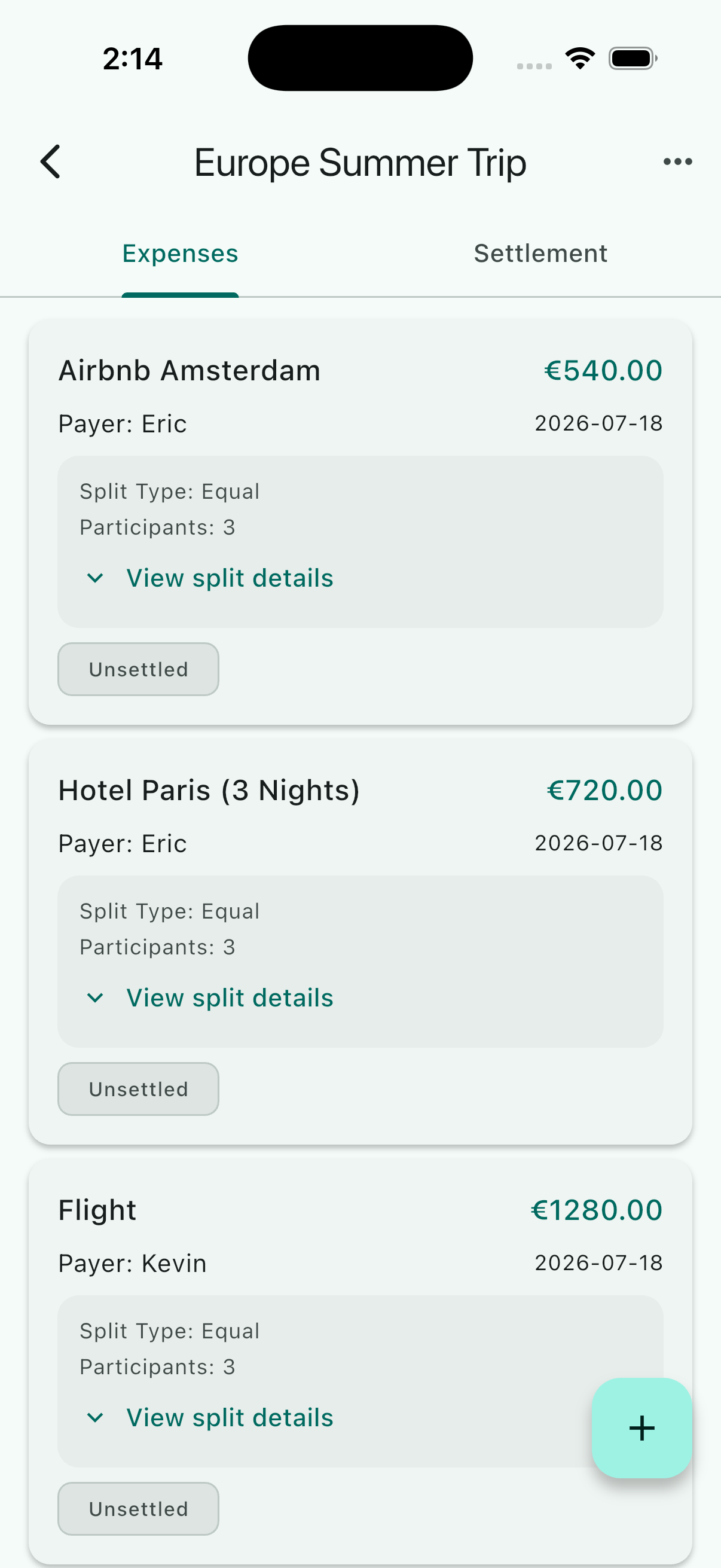 Splitways app screen showing smart settlement with the fewest payments